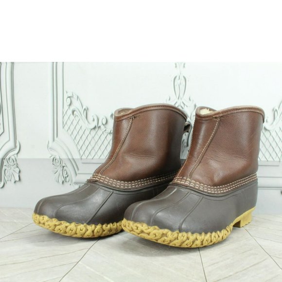 LL Bean Brown Leather Slip On Shearling Lined Ankle Duck Boots Size 8 Wide - Picture 2 of 8